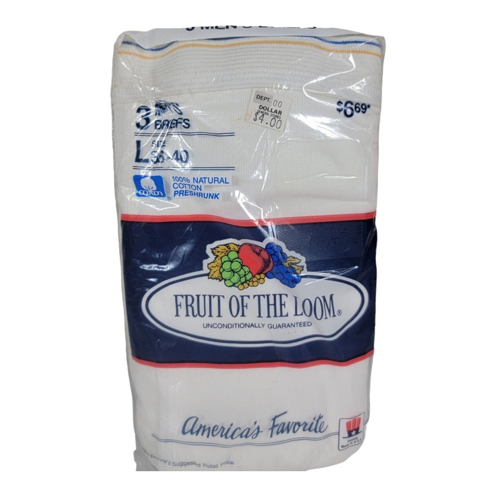 Vintage 1989 Fruit Of The Loom Mens Briefs 3 Pack Preshrunk Cotton Large 38-40